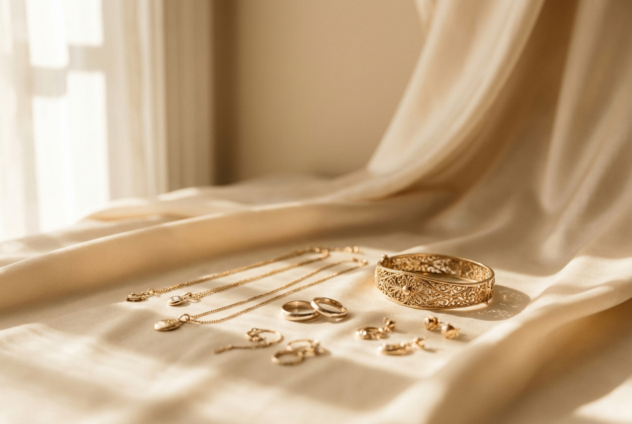 Goldschmuck auf Seide, von einer Lampe angestrahlt